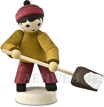 Boy with snow shovel stained