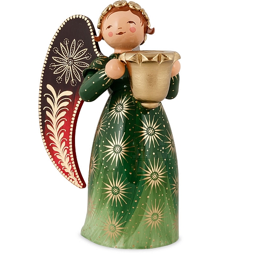 Richly painted Angel with candle holder large green