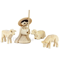 Shepherd with 3 sheep kneeing, natural