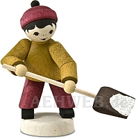 Boy with snow shovel stained