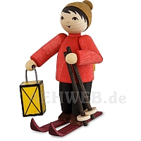 Night cross-country skier with lantern, stained
