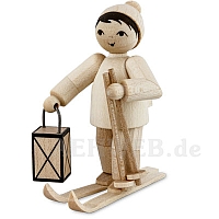 Night cross-country skier with lantern, natural wood