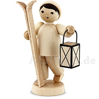 Night skier with lantern, natural wood