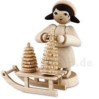 Girl with sledge and trees, natural wood