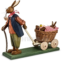 Easter Hare Grandpa with baby bunny red in handcart